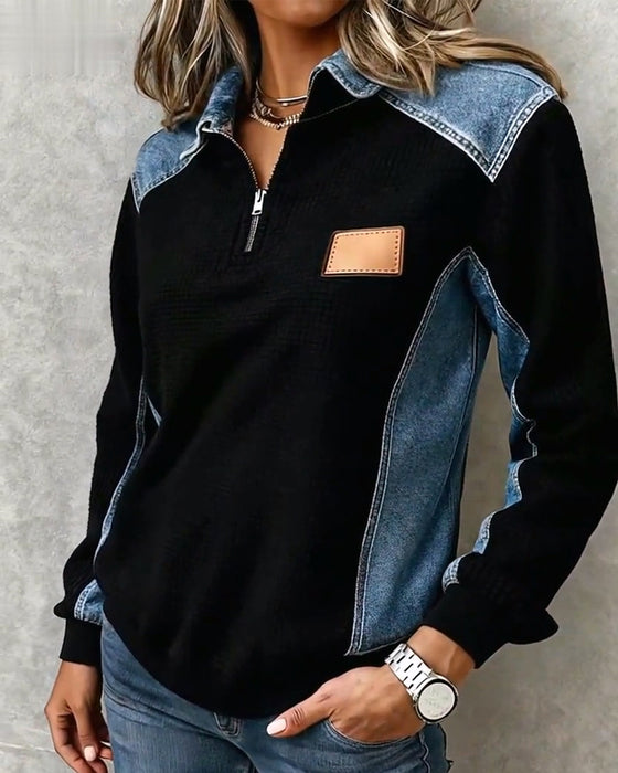 Topp Dragkedja Denim Patchwork Slag