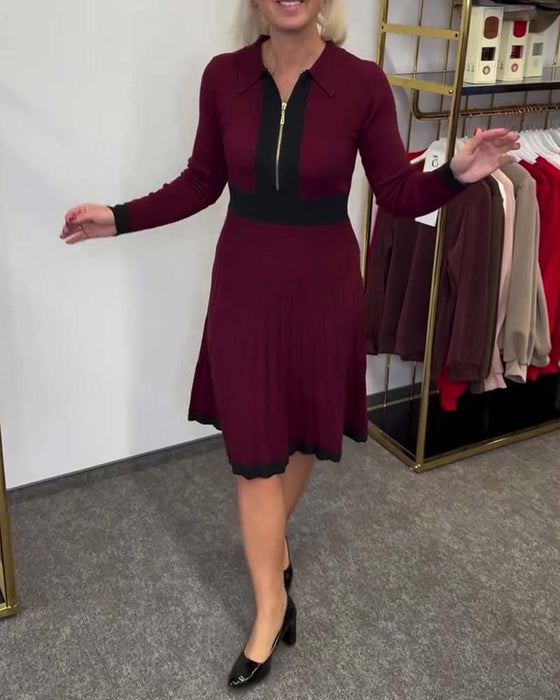 Klänning Halvblixlås Krage Färgblock