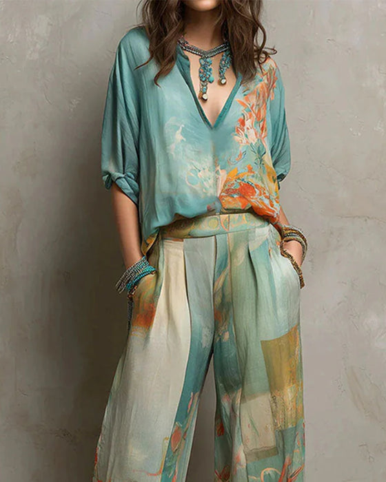 Set V-Hals Blommig Blus + Raka Ben Byxor