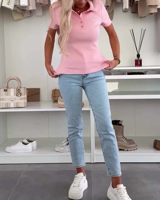 T-shirt Lapel Polo Shirt Enfärgad Slim Fit