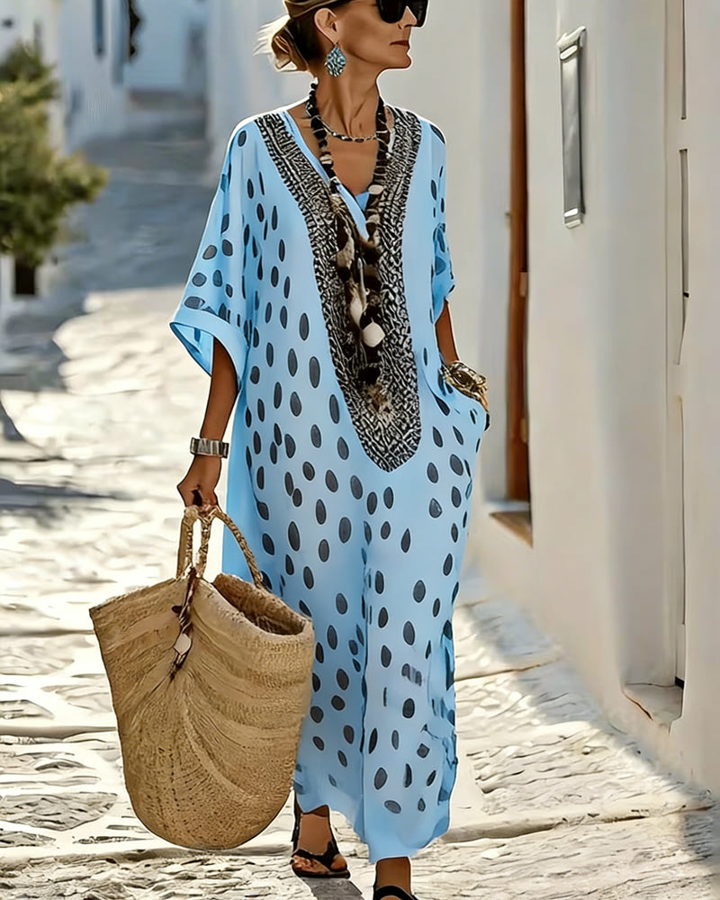 Klänning V-Ringning Prickig Semester Tryck