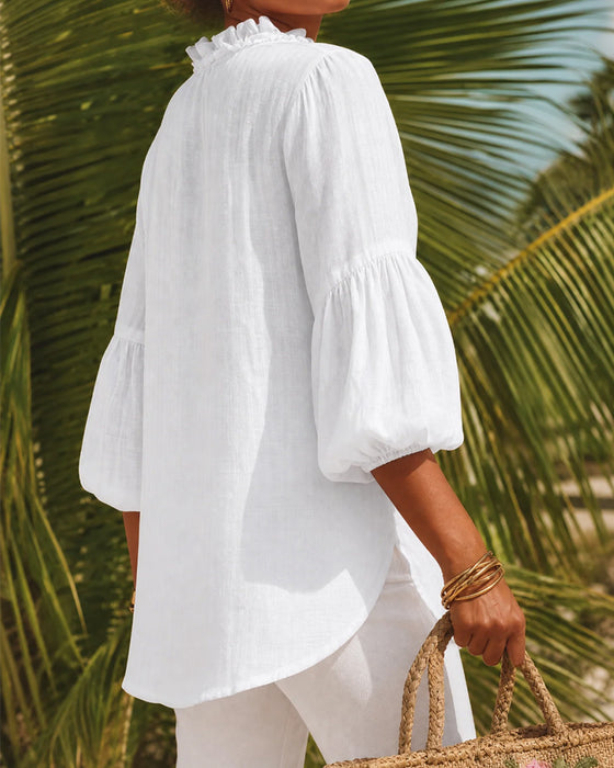 Blus Ruffle Kant Puffärm V-Hals