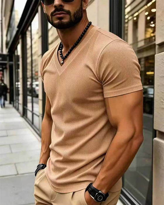 T-Shirt V-Hals Räfflad Solid Färg Herr