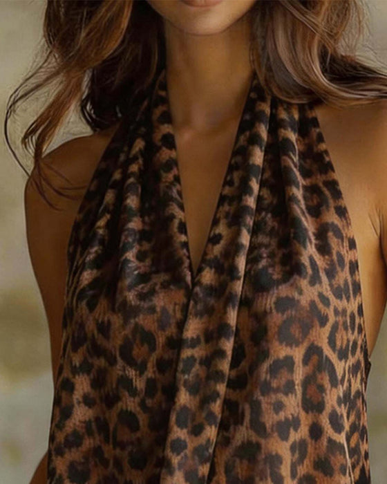 V-Neck Halter Leopard Sleeveless Blouse