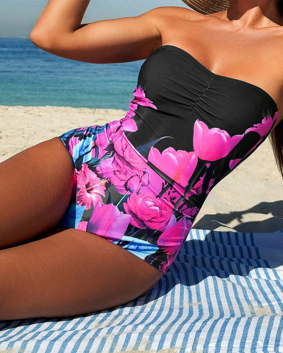 Baddräkt Bandeau Blommigt Tryck Helkropp