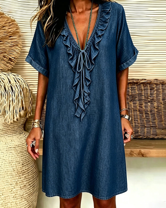 Klädning V-Hals Denim Ruffle