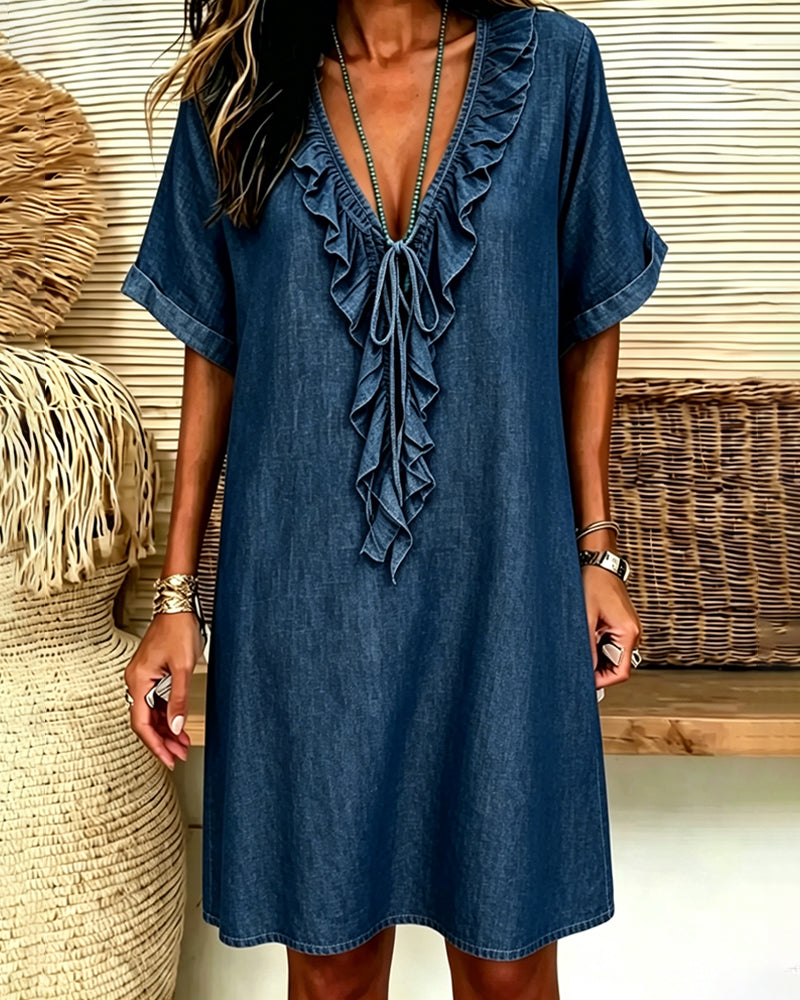 Klädning V-Hals Denim Ruffle