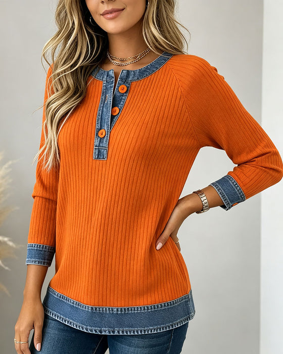 Topp Knappar Rund Hals Ärmhål Denim Patchwork