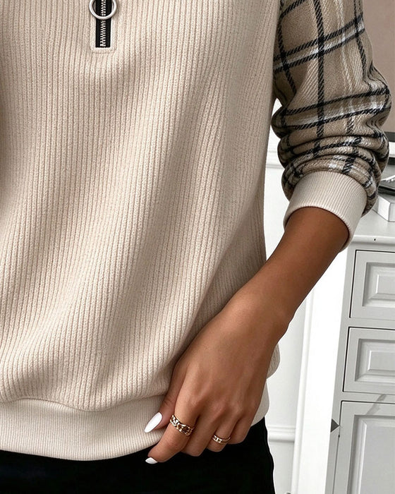 Sweatshirt Rund Halsringning Dragkedja Pläd