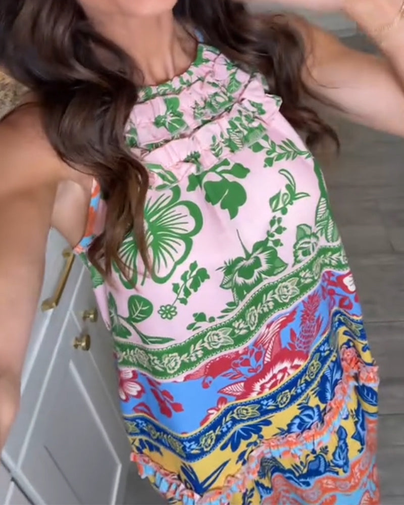 Klänning Tryckt Kontrastfärg Ärmlös