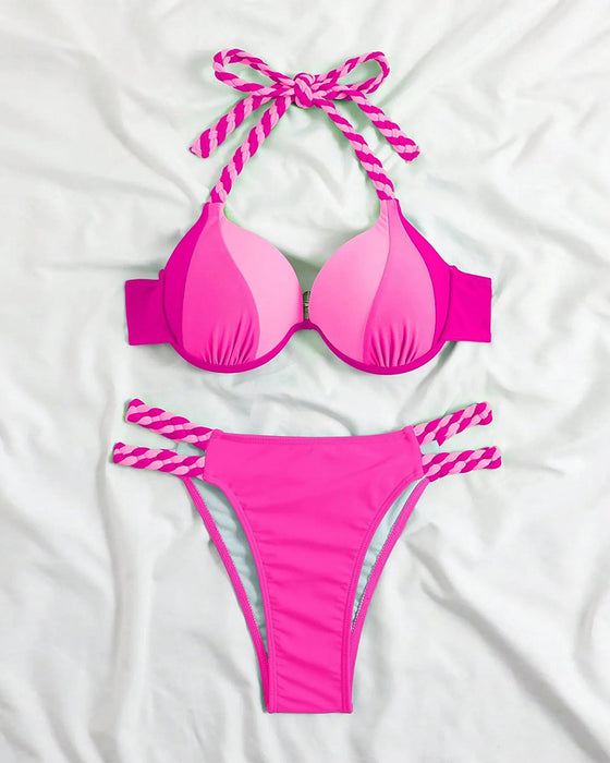 Colorblock halterneck bikini set