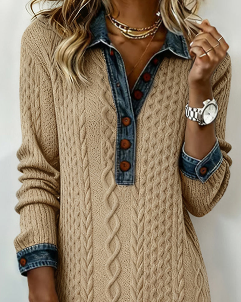 Kragklänning I Denim Med Flätstickning Och Lappverk