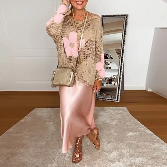 Avslappnad blommig rund halsad långärmad ihålig tröja