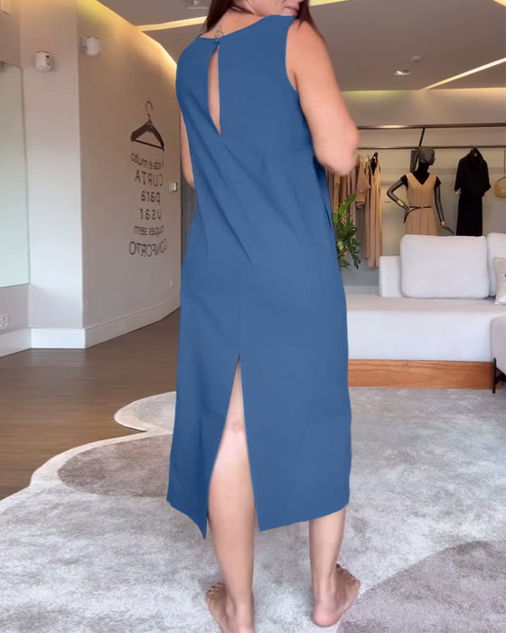 Klänning avslappnad v-ringad ärmlös enfärgad split