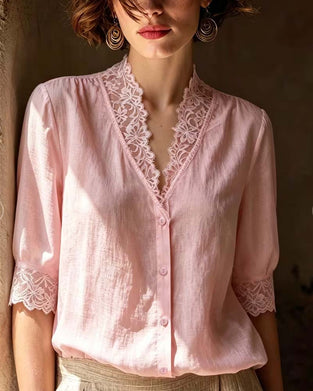 Blus V-Hals Spets Patchwork Solid Tretrekvart Ärm