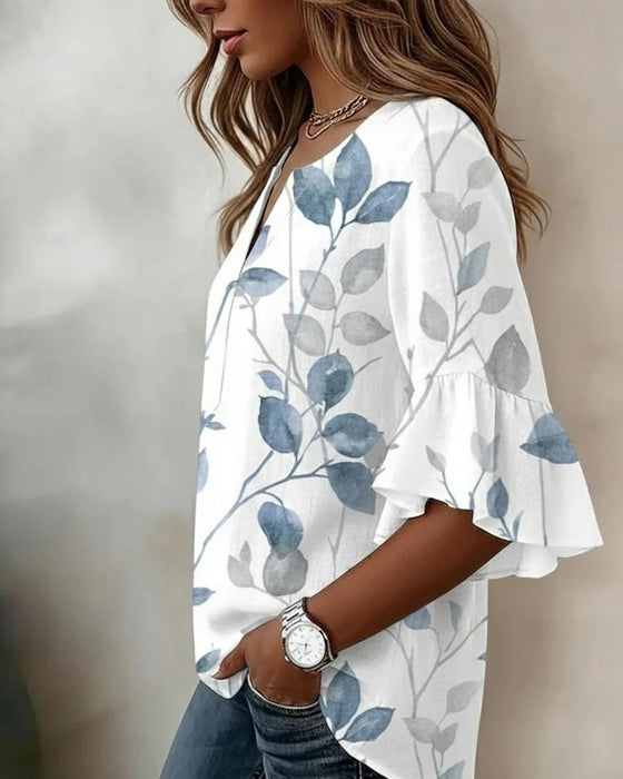 Blus Flutter Flare Ärm Blad Tryck