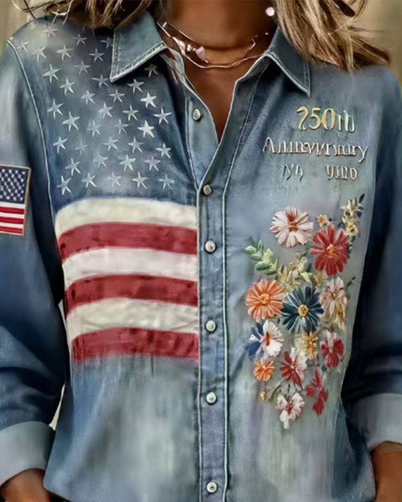 Skjorta Nedfällbar Krage Tryck Broderi