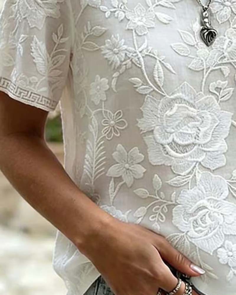 Blus Rundhalsad Broderad Spets Patchwork
