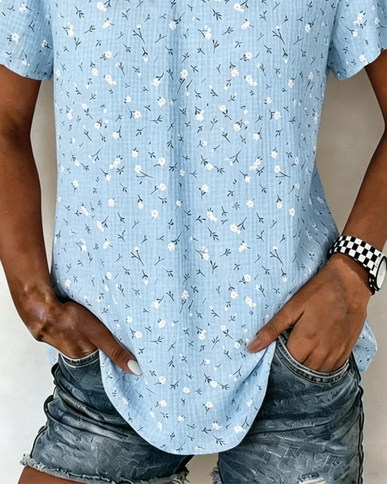 T-Shirt V-Hals Blommig Kort Ärm