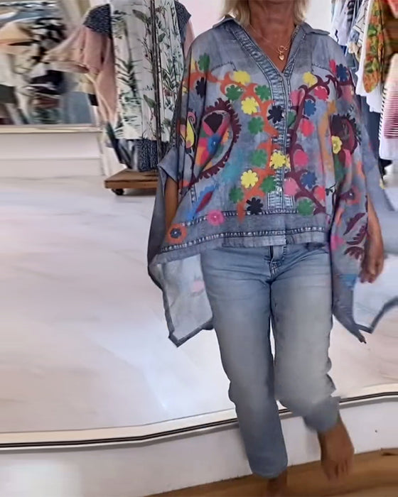 Blus Oregelbunden Print Falsk denim