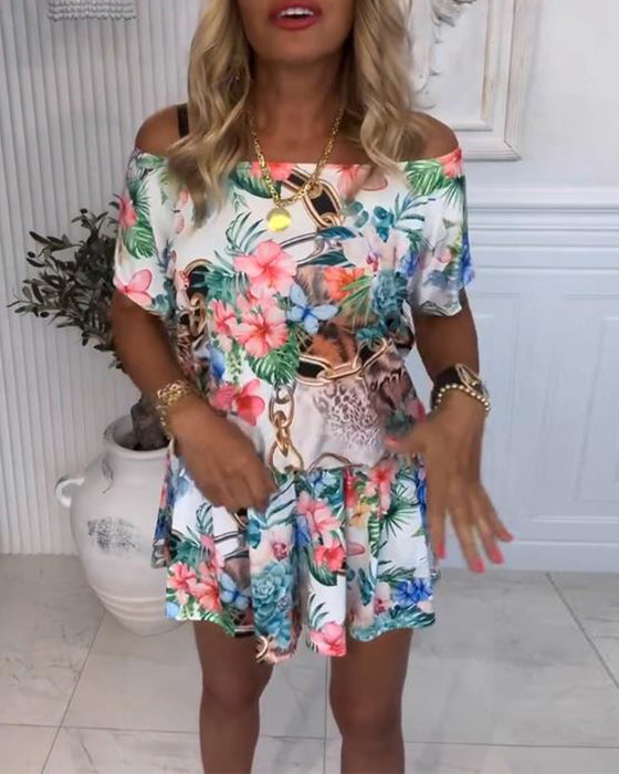 Jumpsuit Med Växt och Blom Mönster, Off - the - Shoulder Stil