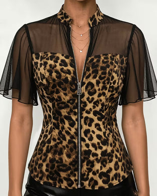 Blus Leopard Patchwork Mandarin Krage Dragkedja
