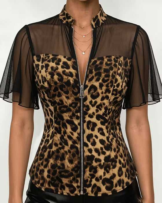 Blus Leopard Patchwork Mandarin Krage Dragkedja