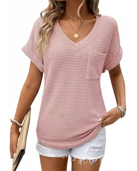 T-Shirt Dam Våffelstickad V-ringning Casual Sommar