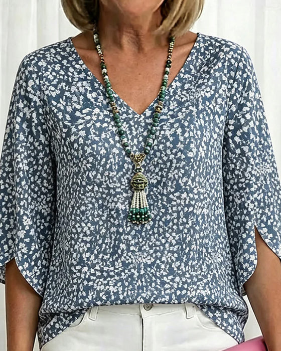 Blus V-Hals Splitt Klockärm Blommig Armbågslång