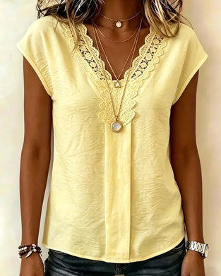 Blus V-Hals Spets Patchwork Casual