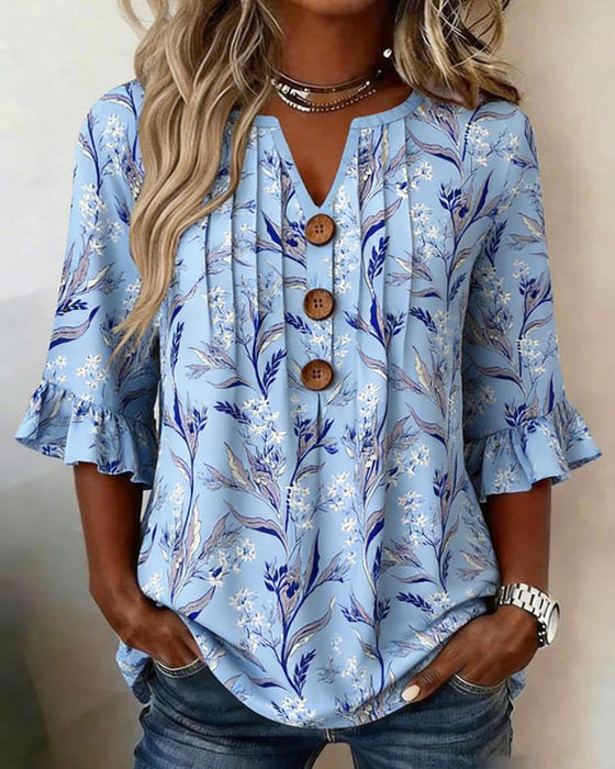 Blus Med Botaniskt Mönster Och Volangärmar
