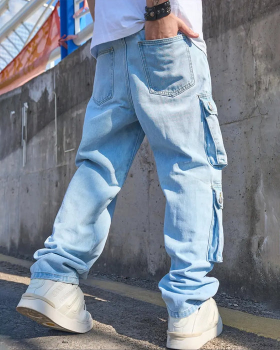 Jeans Herr Löst Fast Flik Ficka Cargo Denim