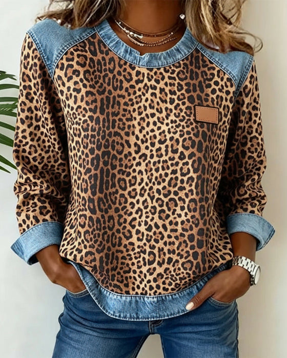 Tröja Leopardtryck Denim Lapptäck