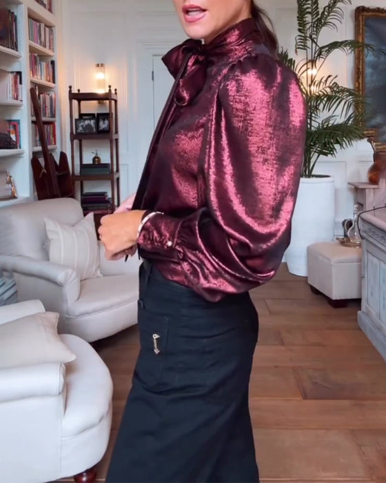 Blus Puckad Ärm Fladdrande Band Stilfull