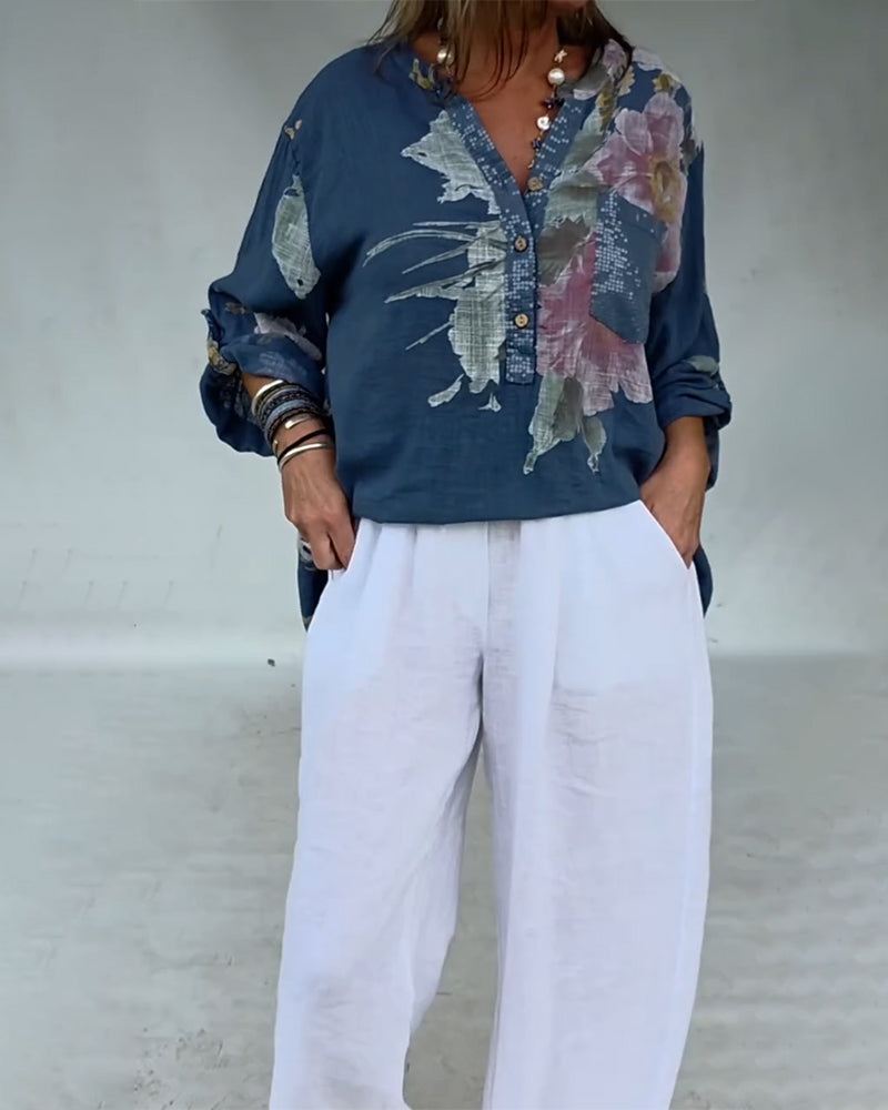 Blus Öppen Fram Glitter Patchwork Tryckt