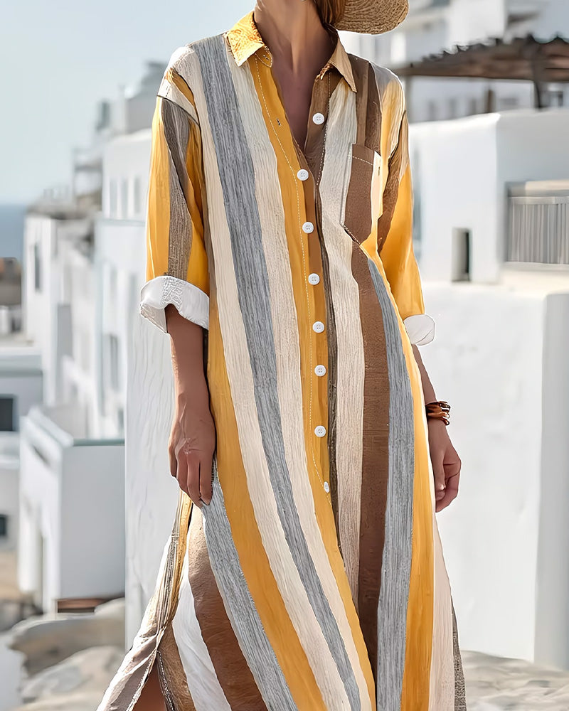 Klädning Avslappnad Randig Krage Midilång