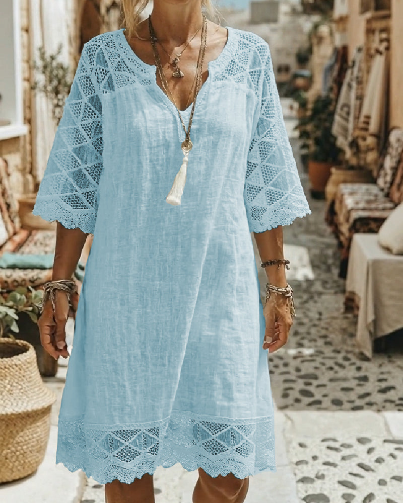 Klänning V-ringning Spets Patchwork Casual