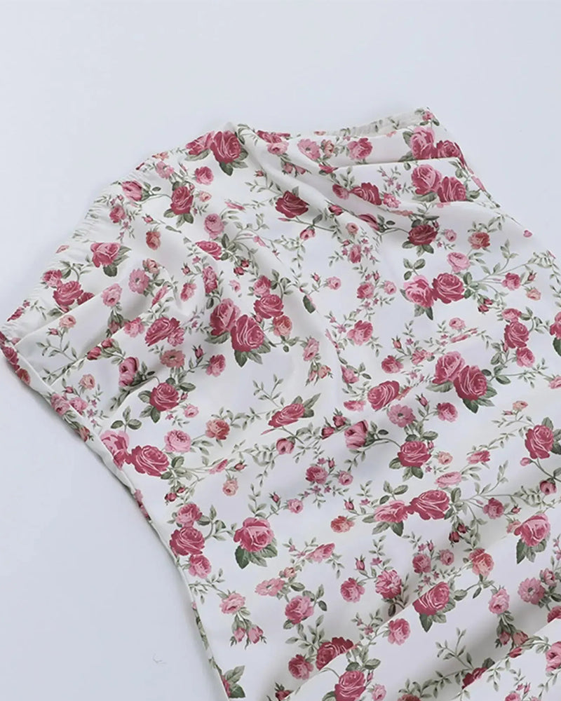 Klänning Småblommig Rynkad Bantande Axelbandslös