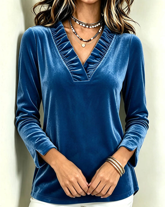 Blus V-Hals Ruffle Rynkad Slits