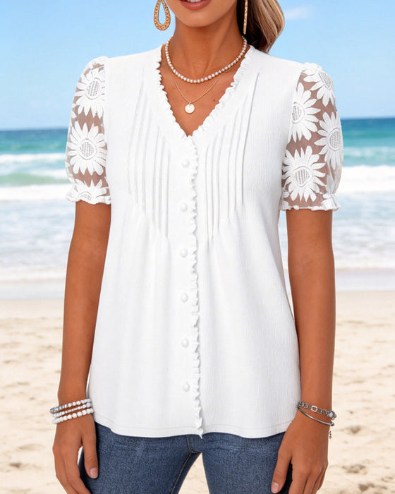 T-Shirt V-Hals Knapp Veckad Spets Patchwork