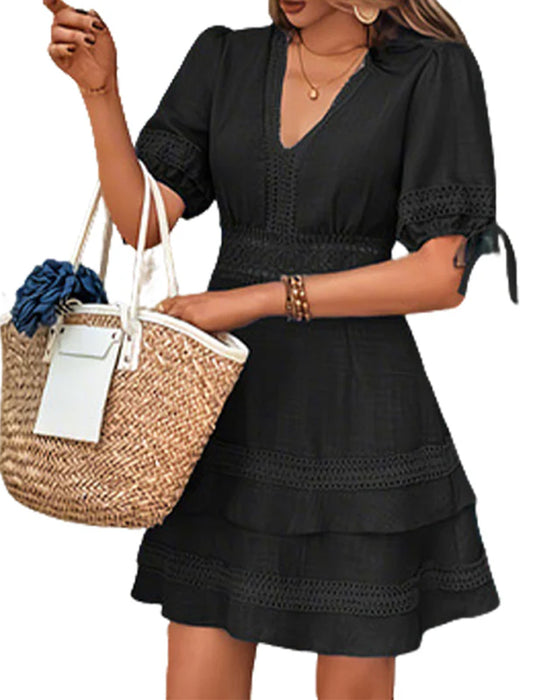 Klädning V-Hals Skiktad Solid Spets Patchwork