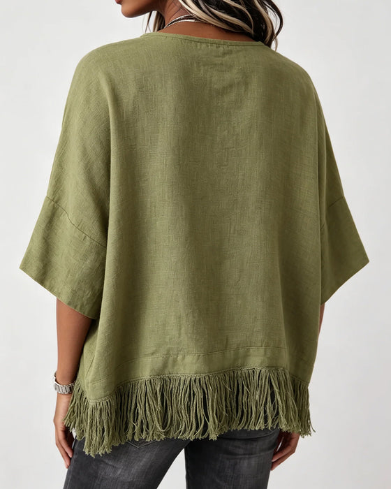 Blus Rundhals Fringe Armbågslång Ärm Solid