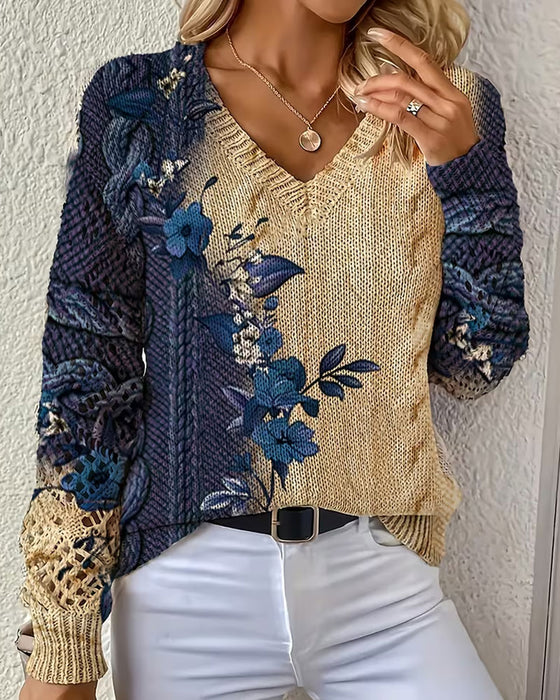 Pullover Gradient Färgblock Blommig V-Hals Urholkning