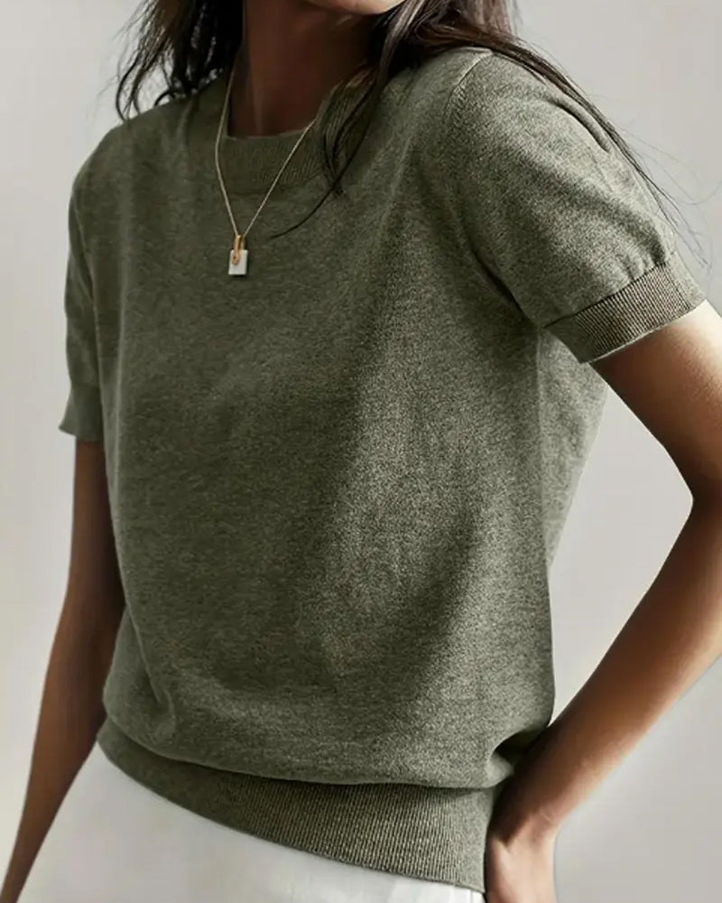 Pullover Rund Halsringning Kort Ärm Tunn Stickning
