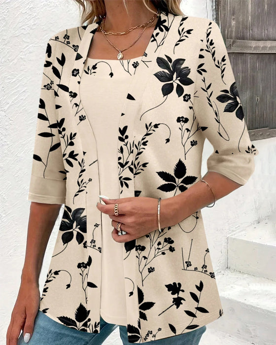 Elegant Falsk Två-del T-shirt med Blommermönster