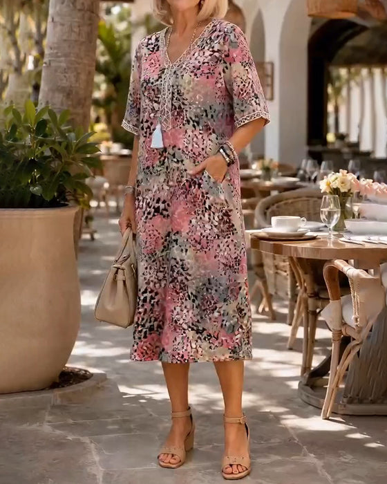 Klänning Färgglad Leopard Tryck Midi