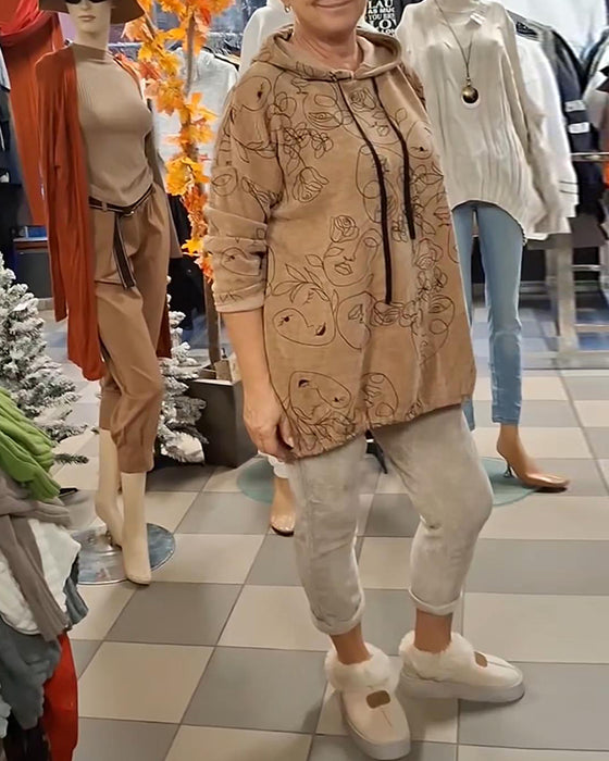 Hoodie Löst Sitthande Tryckt Med Huva