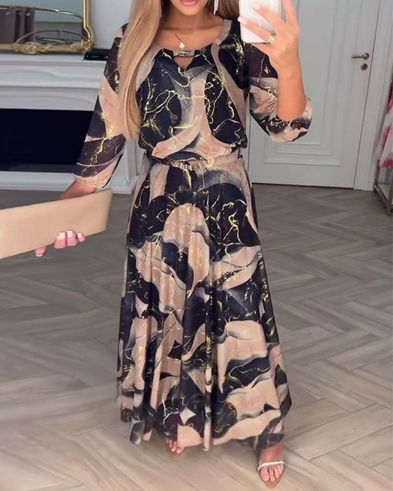 Klänning Elegant Trekvartsärm Tryckt Midja