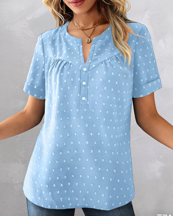 Blus Jacquard V-Hals Halvknäppning Kort Ärm