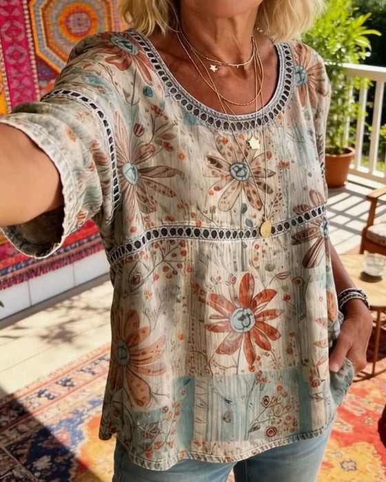 Topp Genombruten Rund Hals Tryckt